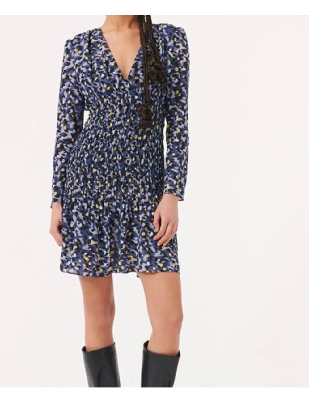 Smocked Navy Blue Floral V-Neck Long Sleeve Dress